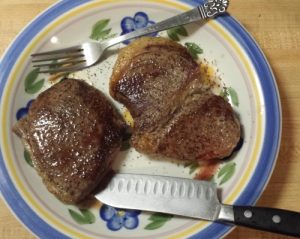 Plating. Steaks passed the touch test (or the temp test), get pulled off, and are ready to rest. Salt and pepper at this time.