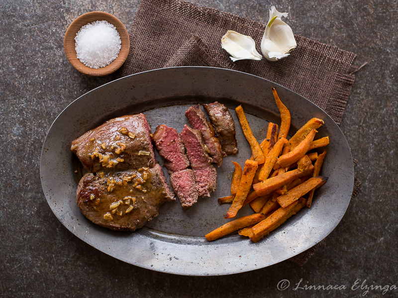 Garlic top sirloin steak recipe with sweet potato fries from Alderspring Ranch Grass Fed Organic Beef.