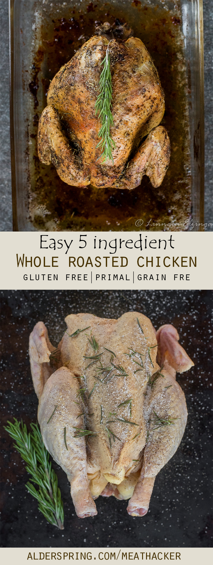 Tender baked whole chicken recipe--just five ingredients. Gluten free, paleo friendly.