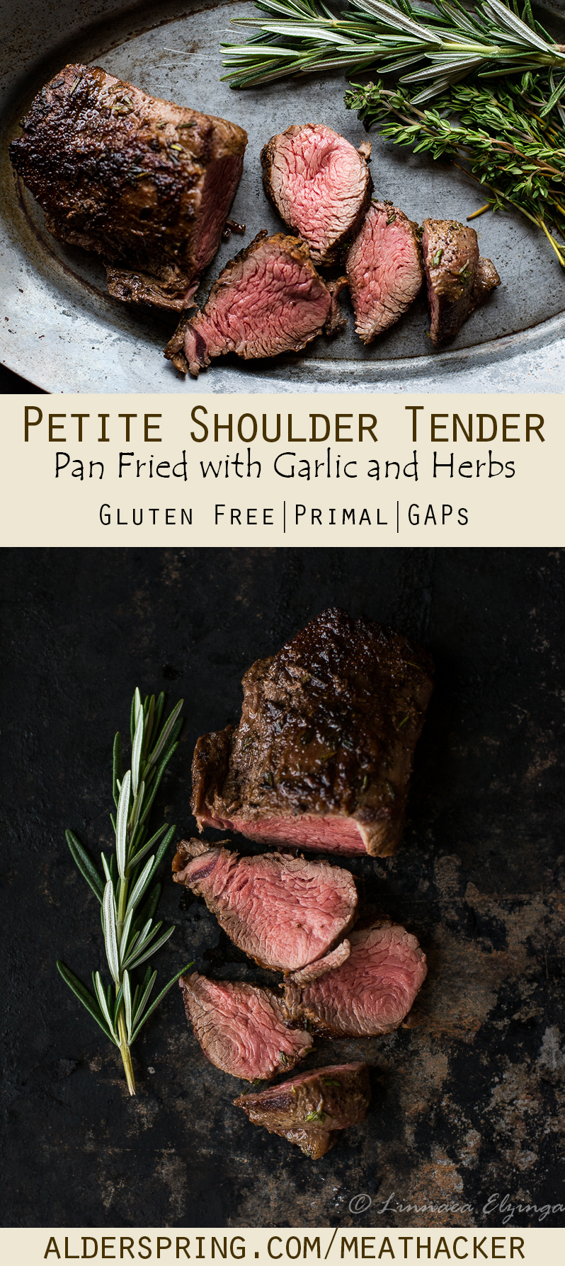 Garlic rubbed petite shoulder tender steak, pan fried with herbs. Gluten free, primal, and GAPs. 