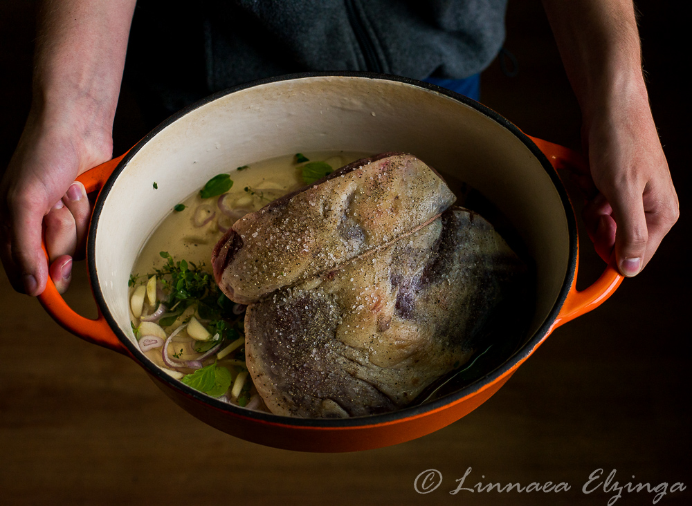 Raw beef roast in the roaster, ready for the oven. 