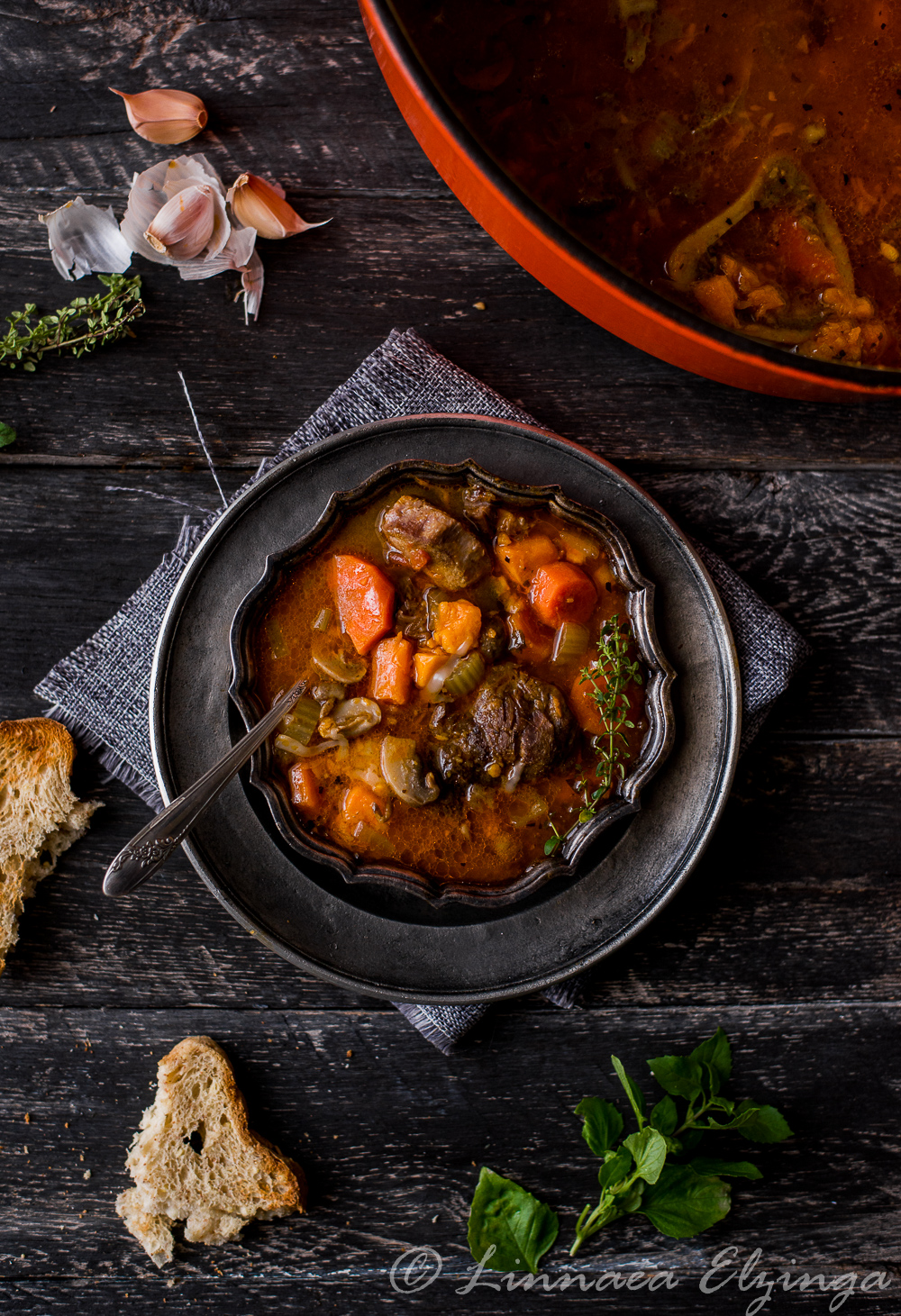 Easy beef stew made with osso buco and root vegetables. 