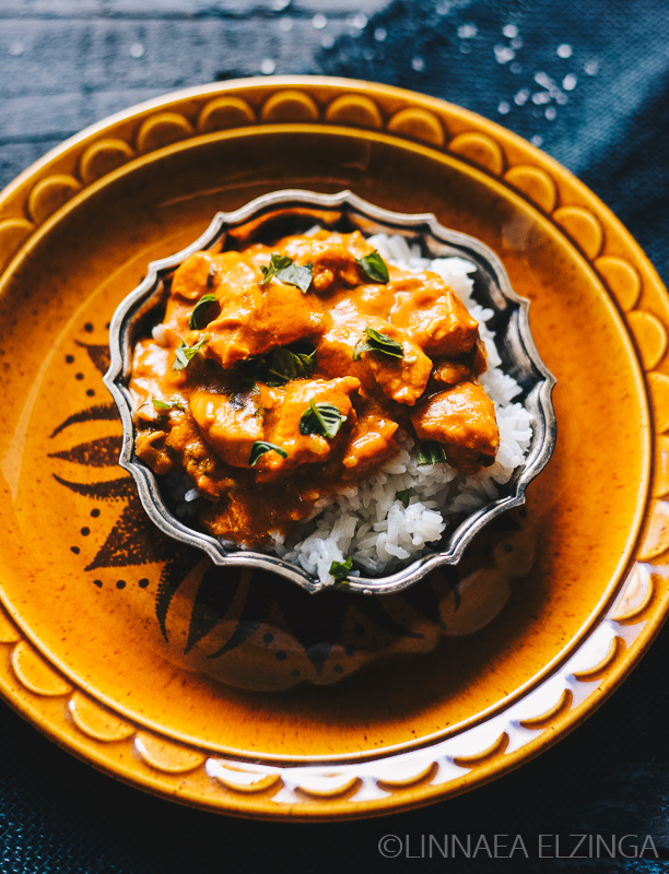 Closeup of chicken tikka masala made with pastured poultry. 