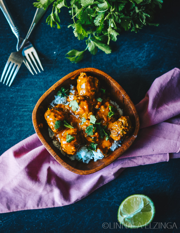 Ground beef meatballs with Indian spices, served over rice. 