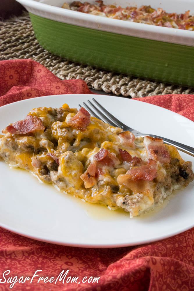 A serving of bacon cheeseburger cauliflower casserole. 