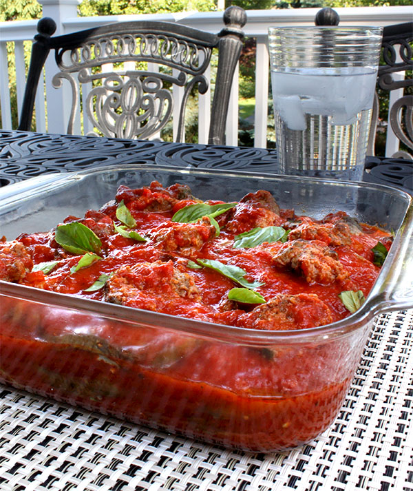 Ground beef meatball casserole with eggplant. 