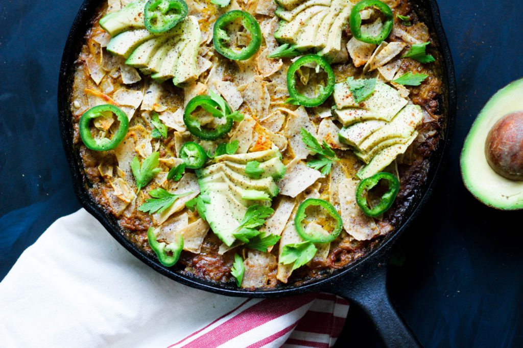 Paleo nacho casserole in a skillet.