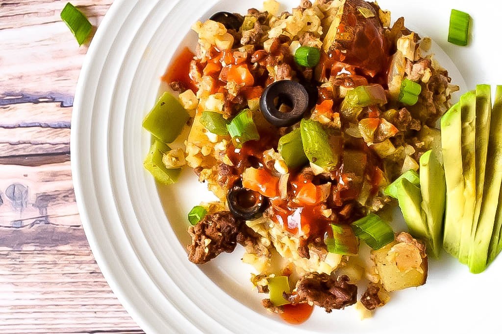 Taco casserole with a cauliflower rice base. 