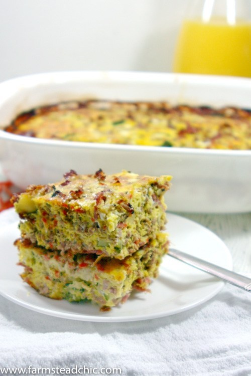 Breakfast casserole with bacon, eggs, and ground beef. 