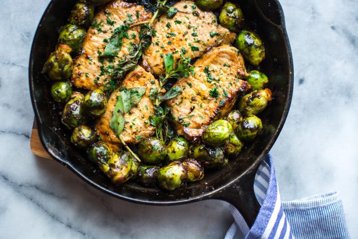 Balsamic Herb One Pan Pork Chops with Brussels Sprouts