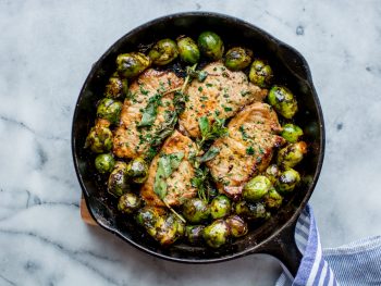 Balsamic Herb One Pan Pork Chops with Brussels Sprouts